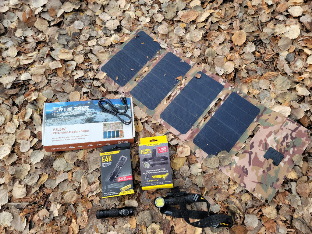 Backpack Package, 28.5W Solar Blanket, Headlamp, Flashlight Ham Radio Cable, NO US SALES TAX! - Off Grid Trek